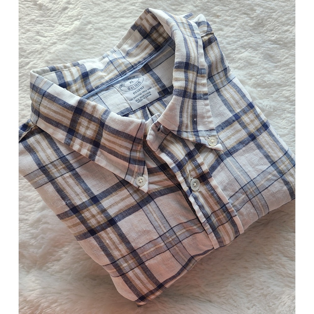 Brooks Brothers Mens XL Regent Fit Irish Linen Plaid Button Down Shirt Blue Tan